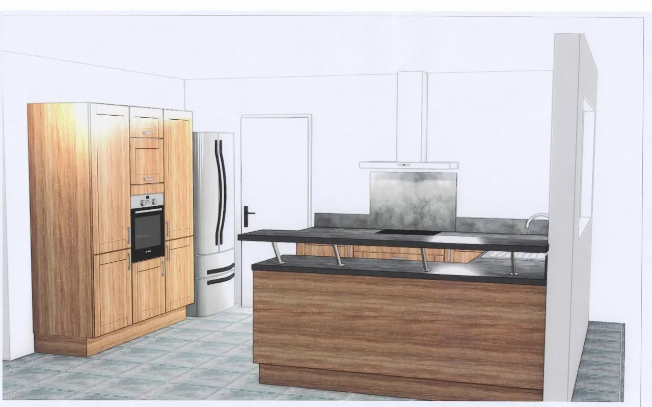Esquisse cuisine rendu 3D vue complémentaire — maison Aix-en-Pévèle second œuvre 2016
